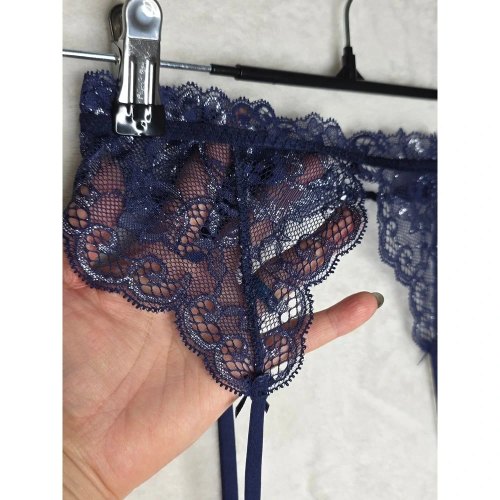 Victoria's Secret‎ NWT Dream Angels Navy Silver Metallic Lace Garter  Belt XS/S